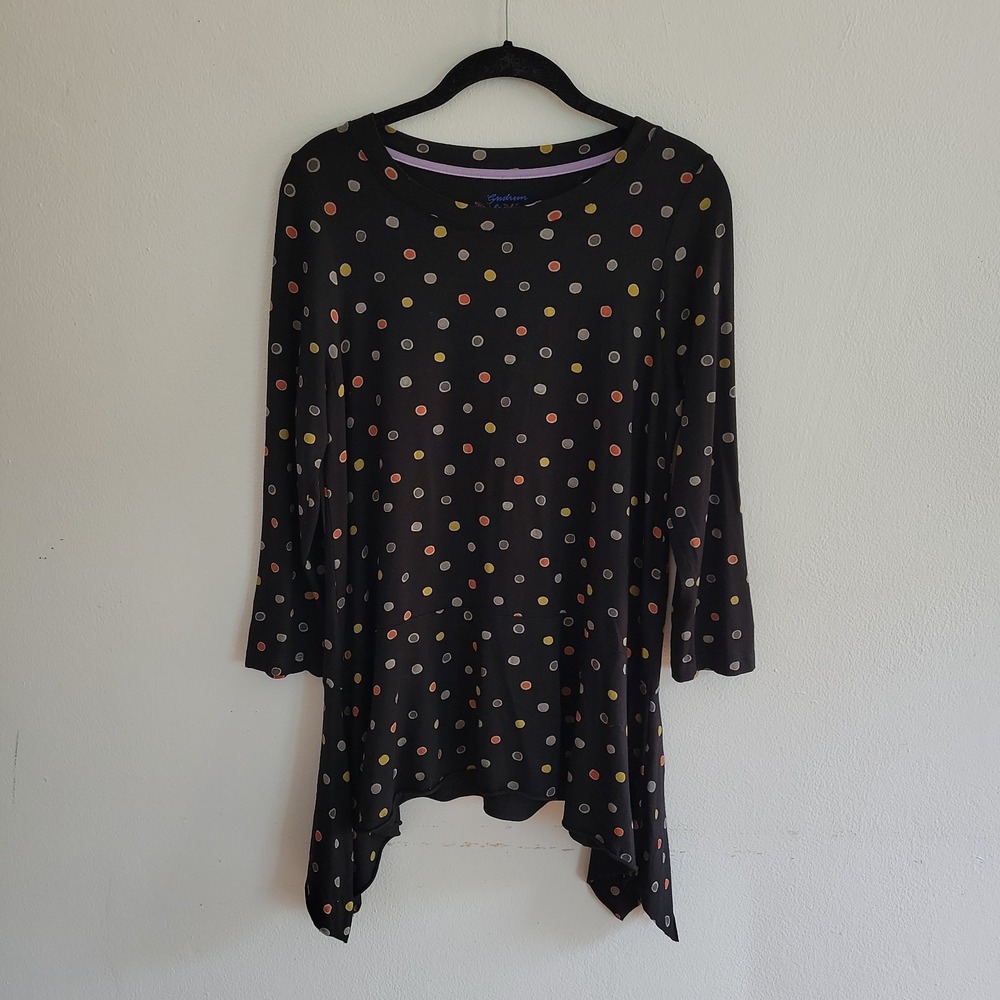 Gudrun Sjoden Asymmetic Hem Jersey Knit Tunic Top Multicolor Polka Dot Boatneck
